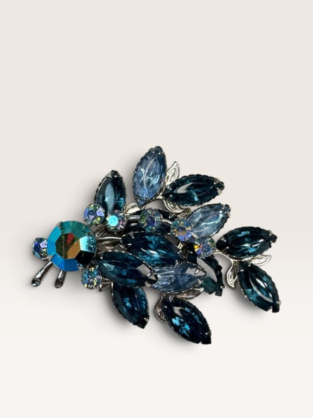 Vintage Blue Navette Rhinestone Manganese UV Glow Floral Spray Brooch Pin 2.32"
